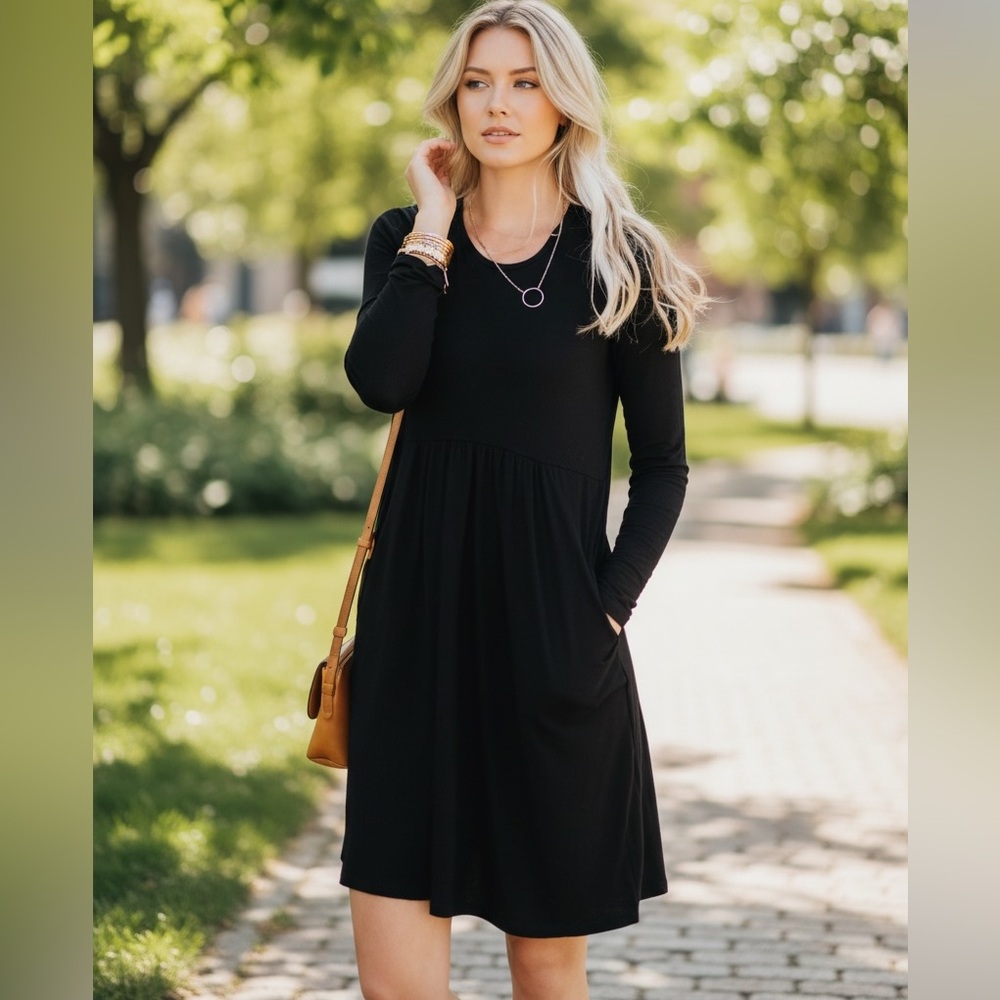 NEW• ELLA Essential Threads Black Swing Dress With Pockets•XL-2X